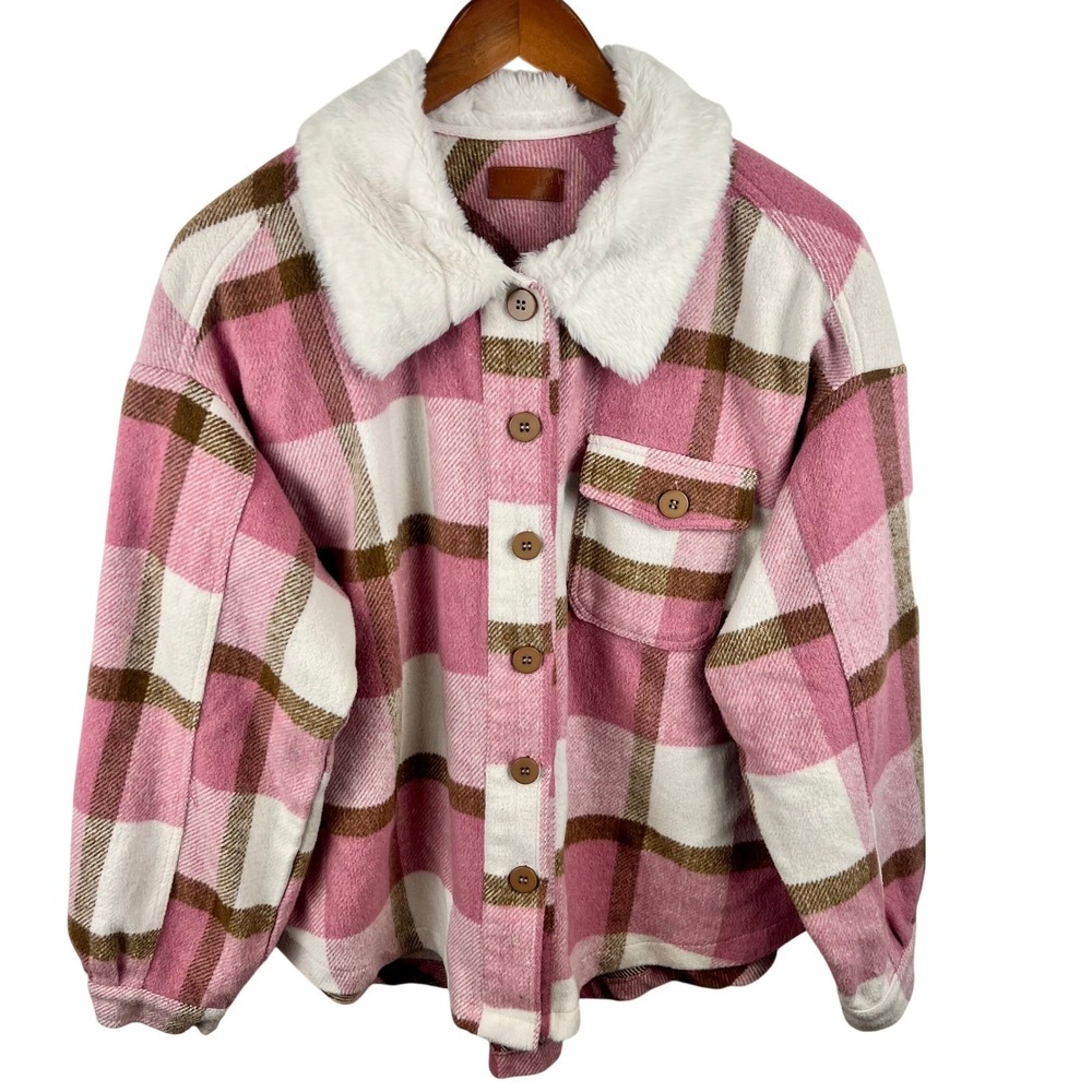 Pink Plaid Oversized Shacket Medium Faux Fur Collar Autumn Granola Jacket Rustic